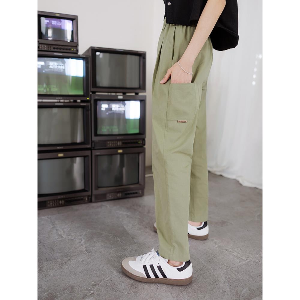素色純棉腰鬆緊側邊口袋哈倫褲