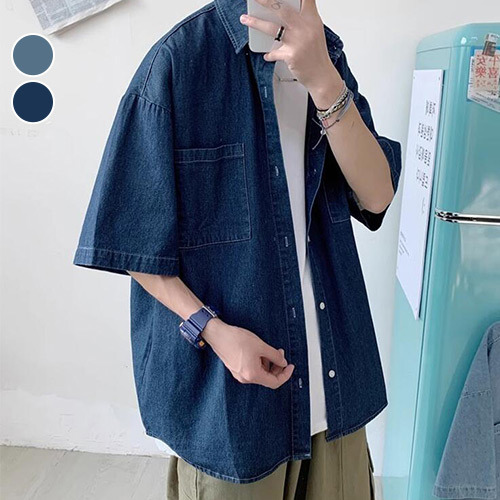 短襯 潮流寬版牛仔襯衫 日系 韓系 丹寧 街頭 美式 舒適 寬鬆 短袖 落肩 美潮 台灣出貨【NTJ1588】