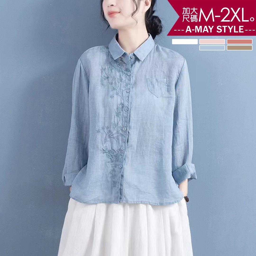 加大碼 上衣 文藝刺繡不對稱日韓簡約風襯衫(M-2XL)【XMS830836】＊艾美時尚(現 預)