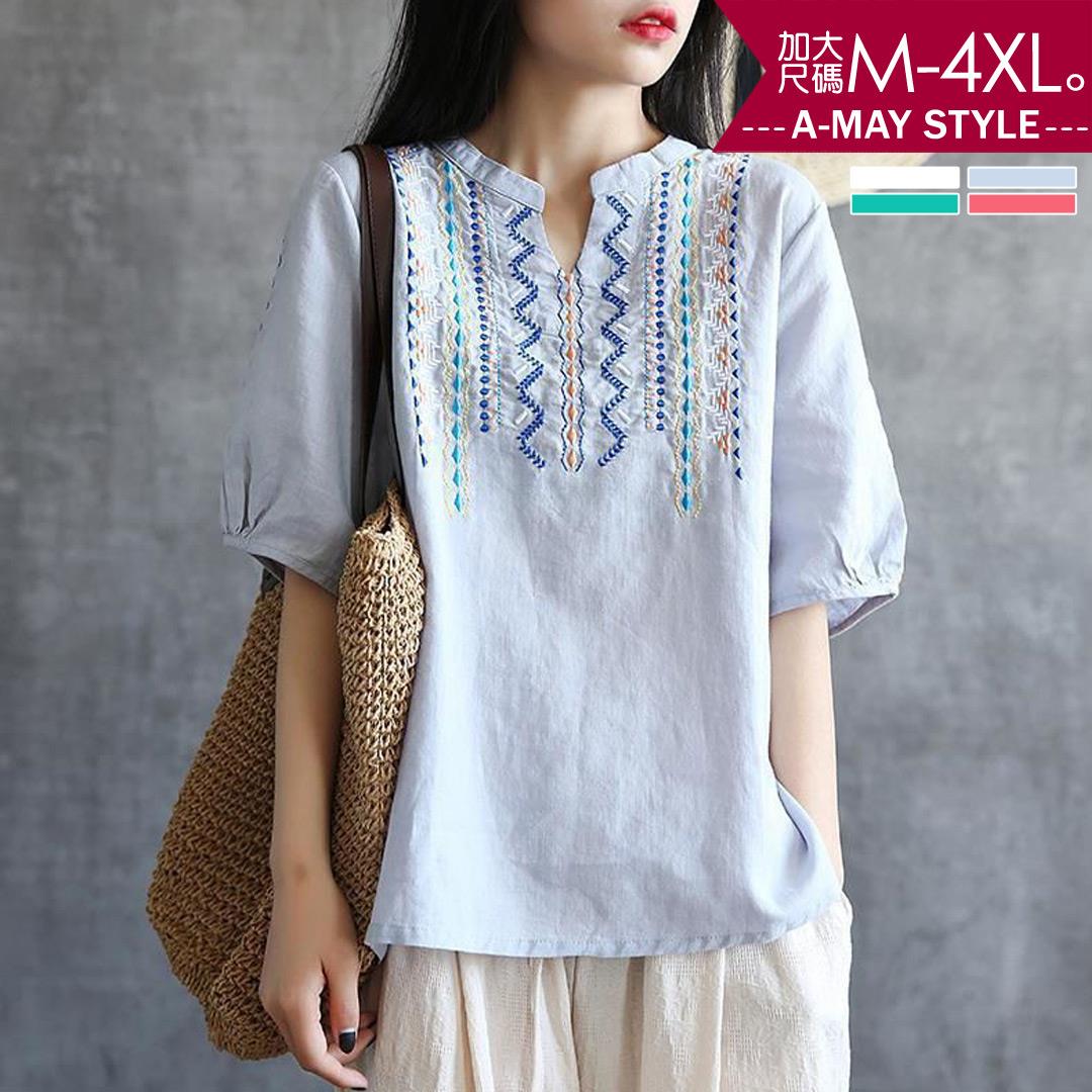加大碼 T恤 日韓復古V領棉麻感繽紛刺繡上衣(M-4XL)【XHA239723】＊艾美時尚(現 預)