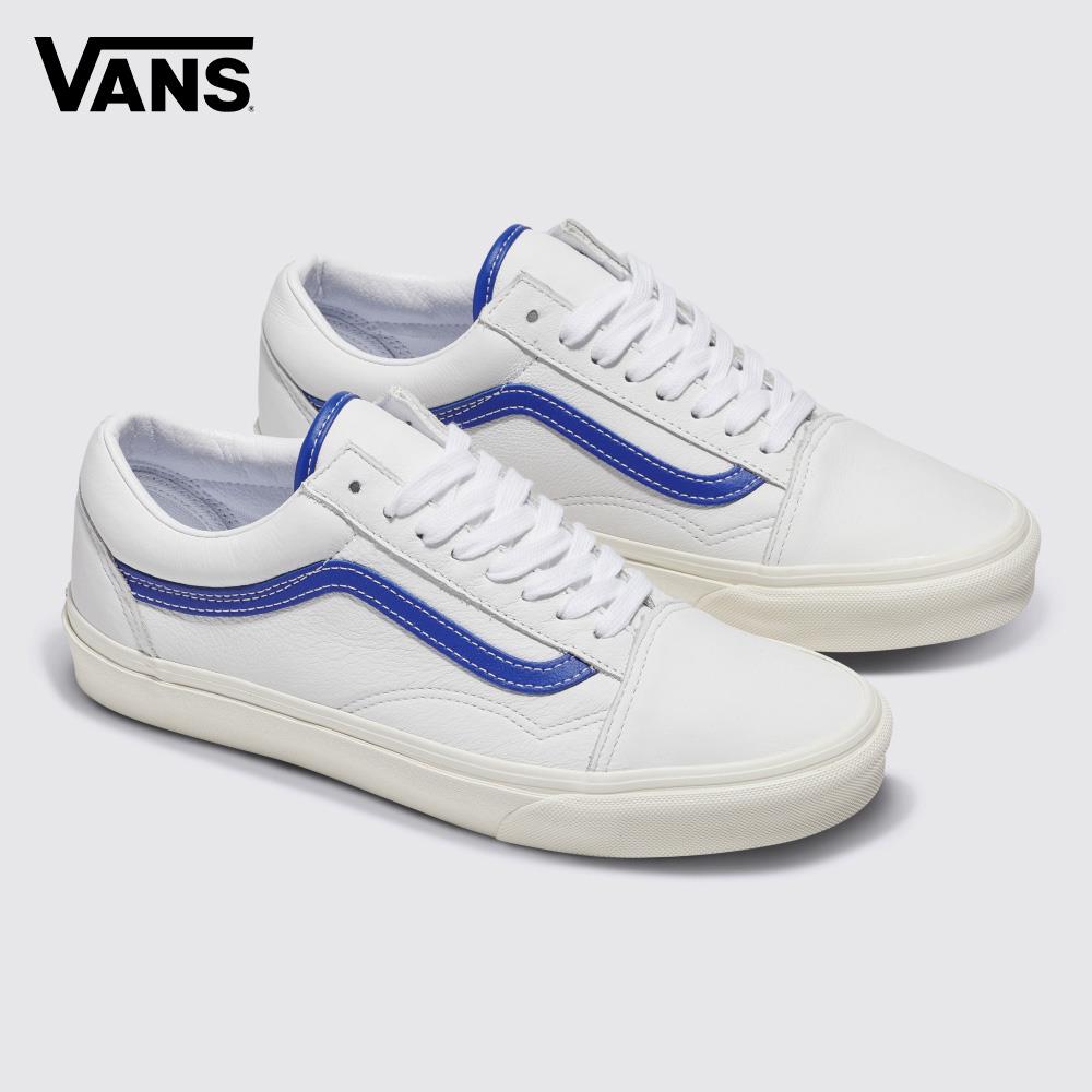Vans Old Skool 男女款白色/藍色條紋皮革鞋面滑板鞋