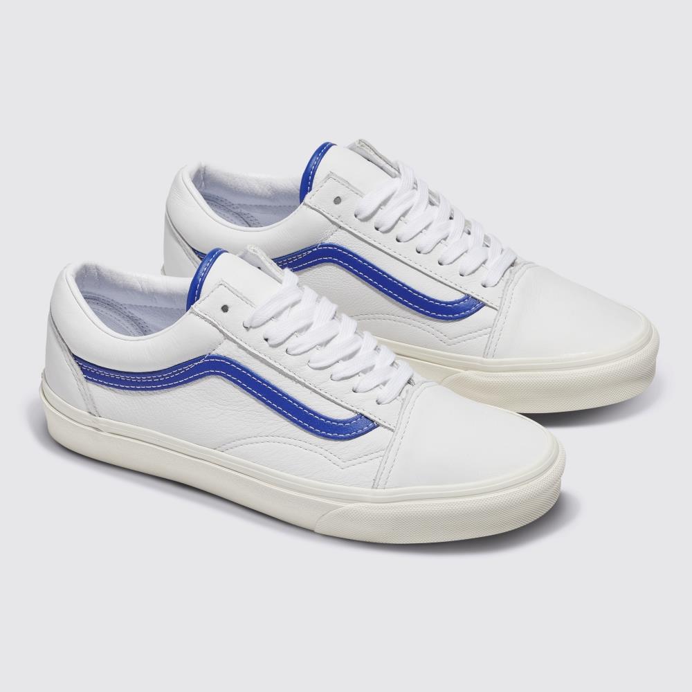 Vans Old Skool 男女款白色/藍色條紋皮革鞋面滑板鞋