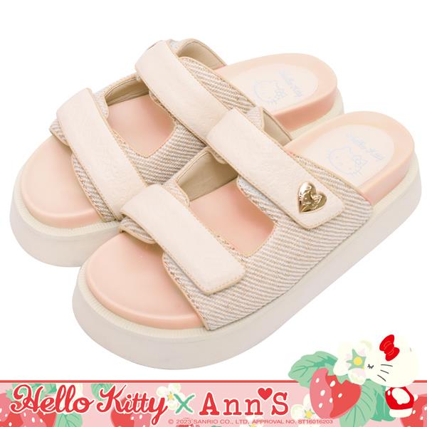 💐母親節限定專區最高7折💐Ann’S X Sanrio三麗鷗 HELLO KITTY聯名 進階厚底涼鞋2.0!雙帶滿版烙印異材質拼接涼拖鞋4.5cm-杏
