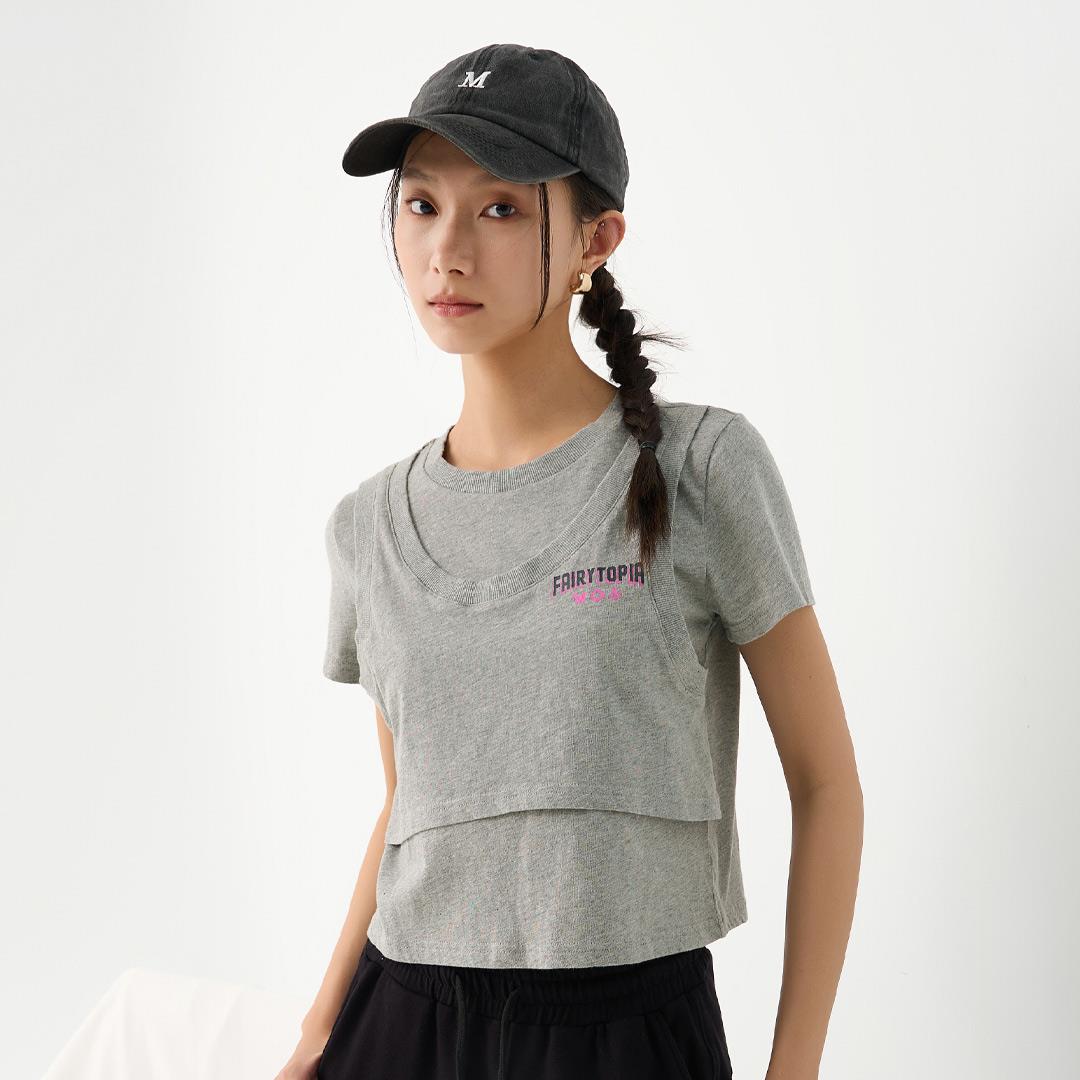 假兩件運動風短版T(麻灰)-女