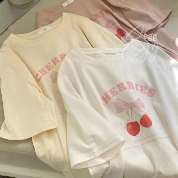 S-3XL春夏櫻桃CHERRIES印花短袖T恤(粉白杏)中大碼女裝-凱西娃娃