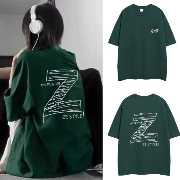 M-3XL美式大Z雙面印花純棉T恤 寬鬆短袖上衣(墨綠)中大碼女裝-凱西娃娃