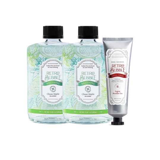 【RETRO BUBBLE】乳鐵亮白草本漱口水350mlx2+全效清潔草本牙膏100g (早餐茶/下午茶/晚安茶)