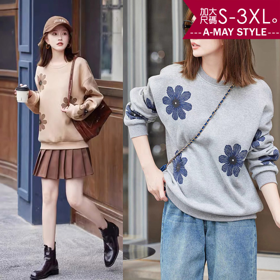 加大碼 T恤 大學T 日韓休閒花卉印花圓領T恤上衣(S-3XL)【XSW23S42】＊艾美時尚(現 預)