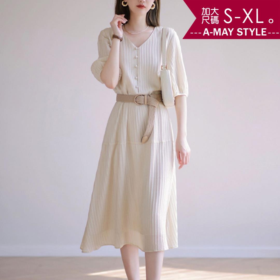 加大碼 洋裝 連身裙 優雅名媛風V領坑條顯瘦洋裝(S-XL)【XSW23S55】＊艾美時尚(現+預)