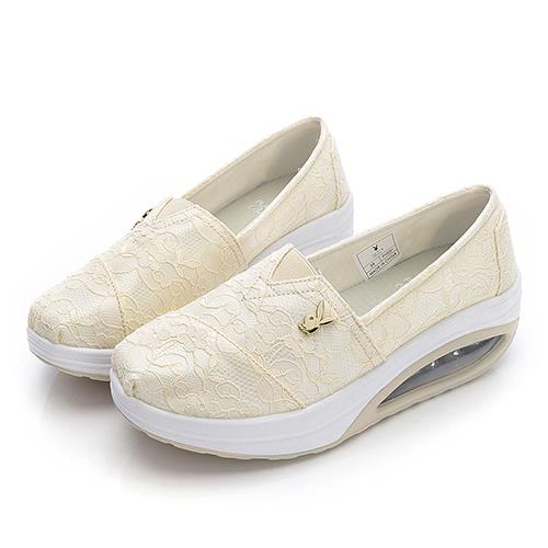 【零碼挖寶 第2雙再享75折】PLAYBOY 蕾絲氣質 抗震增高氣墊鞋-米(PY0051)