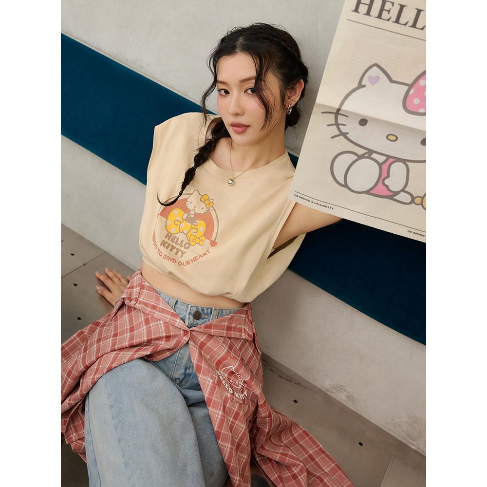 KITTY 蝴蝶結．純棉全彩印花下襬抽繩無袖背心