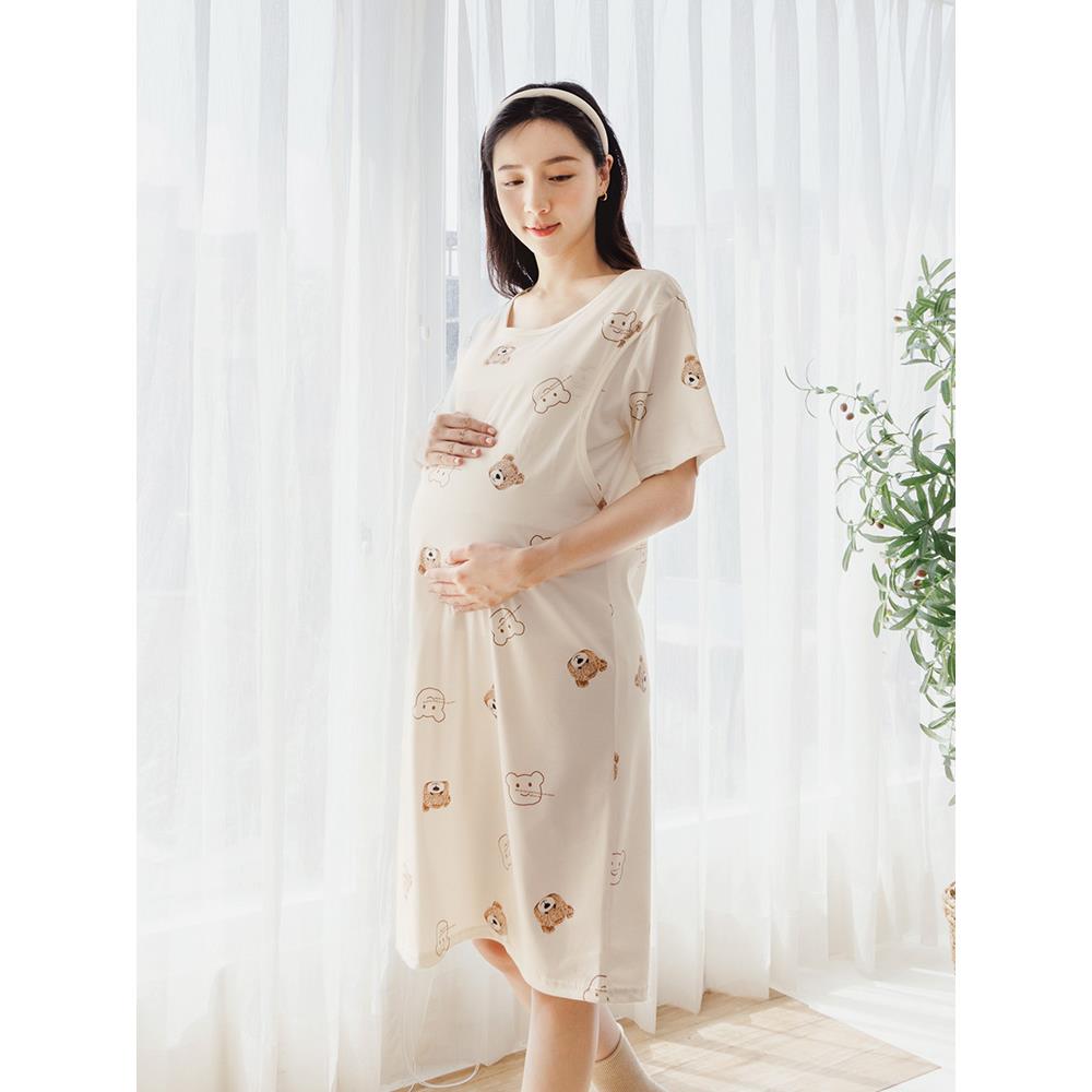 小熊印花哺乳睡衣洋裝(月子服)