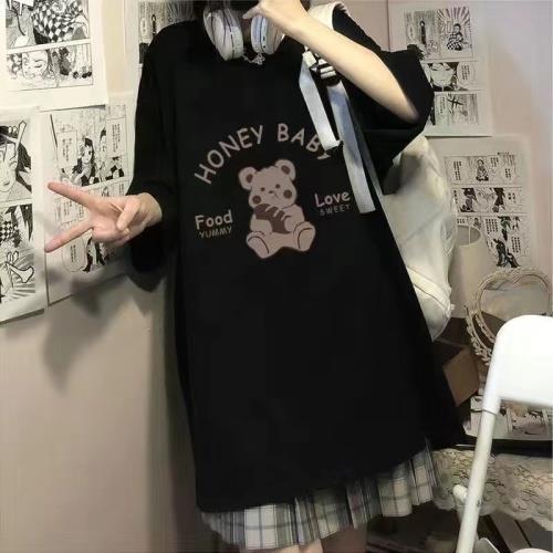 M-2XL學院風BABY熊熊印花短袖T恤 可愛設計感寬鬆ins上衣(黑.白)-凱西娃娃