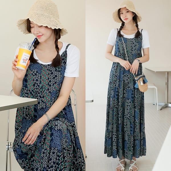 【限量現貨】夏日圖騰拼接細肩吊帶蛋糕長裙．白鳥麗子