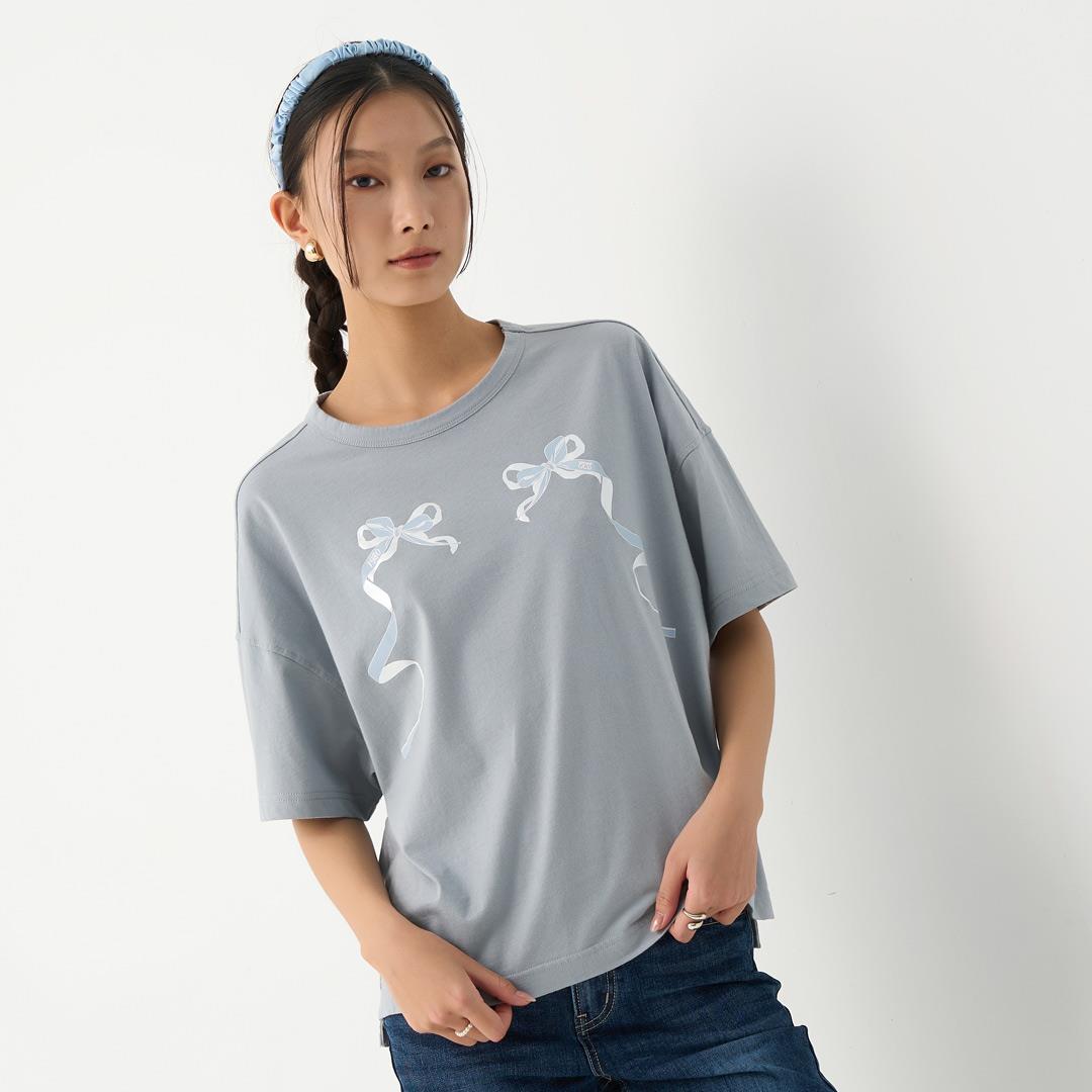 雙雙成對緞帶TEE(灰藍)-女