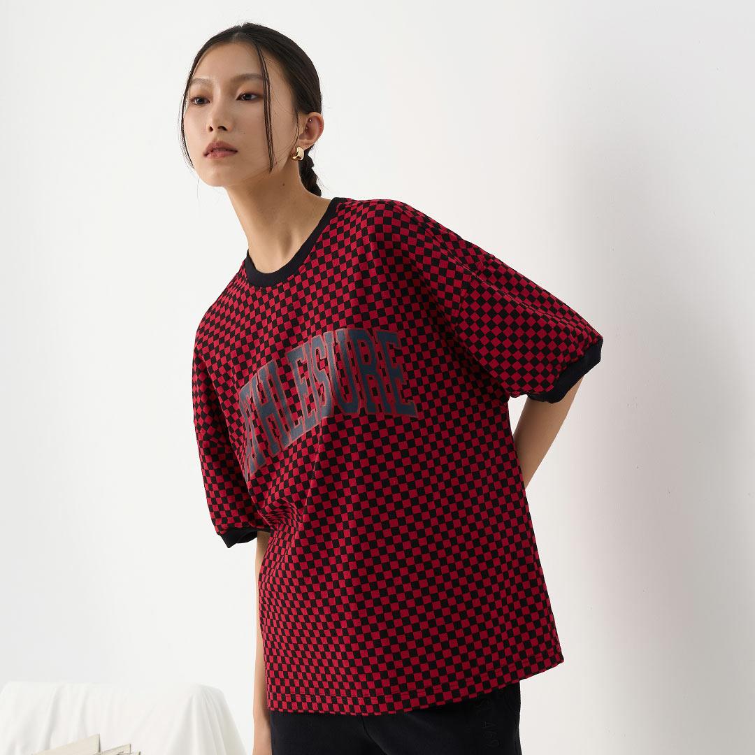 格子拼盤街頭感短TEE(紅色)-女