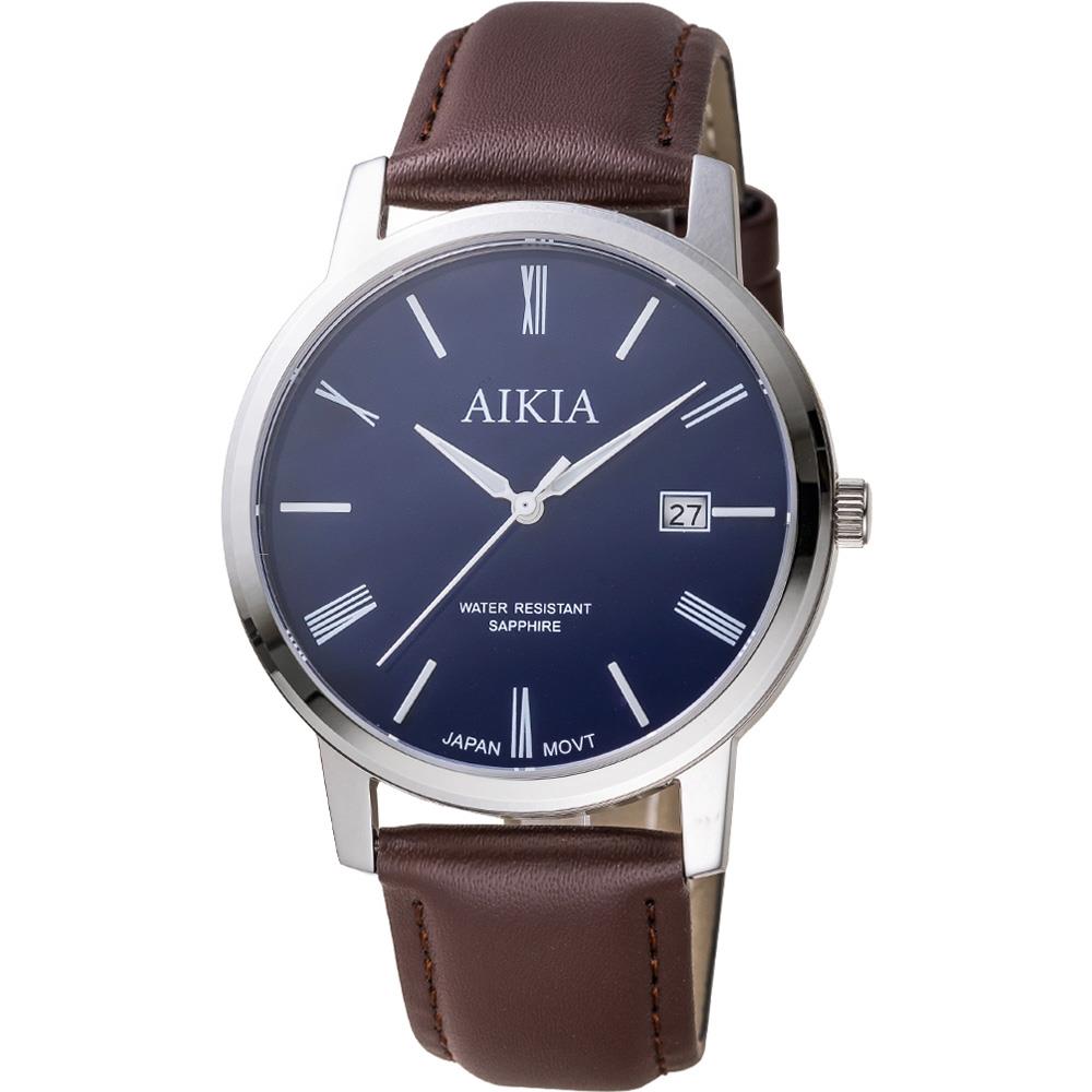 【AIKIA】 羅馬字皮帶手錶-藍面(AIKIA 台灣腕錶品牌簡約線條、精緻細節時尚米蘭錶帶)