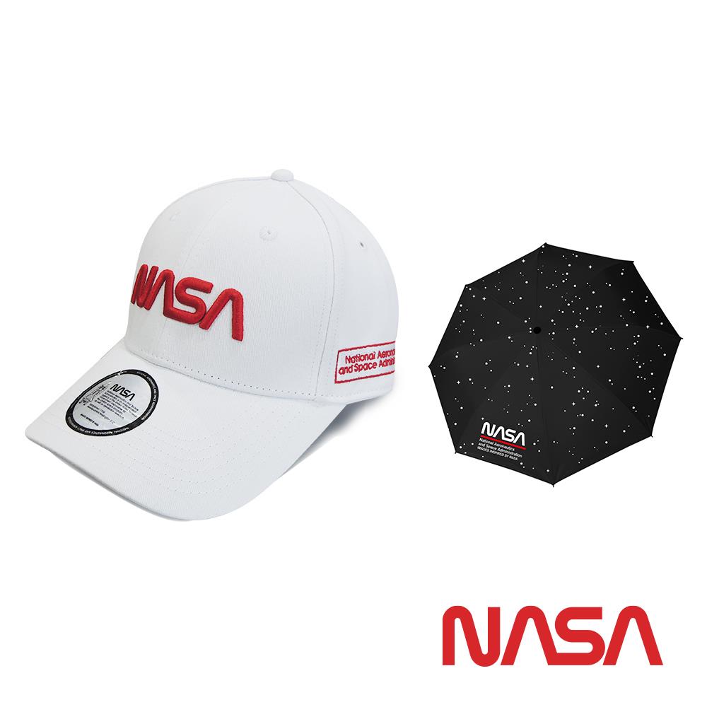 【NASA SPACE】字母棒球帽-白色+品牌兩用傘(NA30003-35+NA34011)