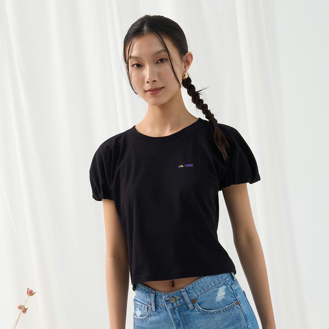 綻放柔美花苞袖短T(黑色)-女
