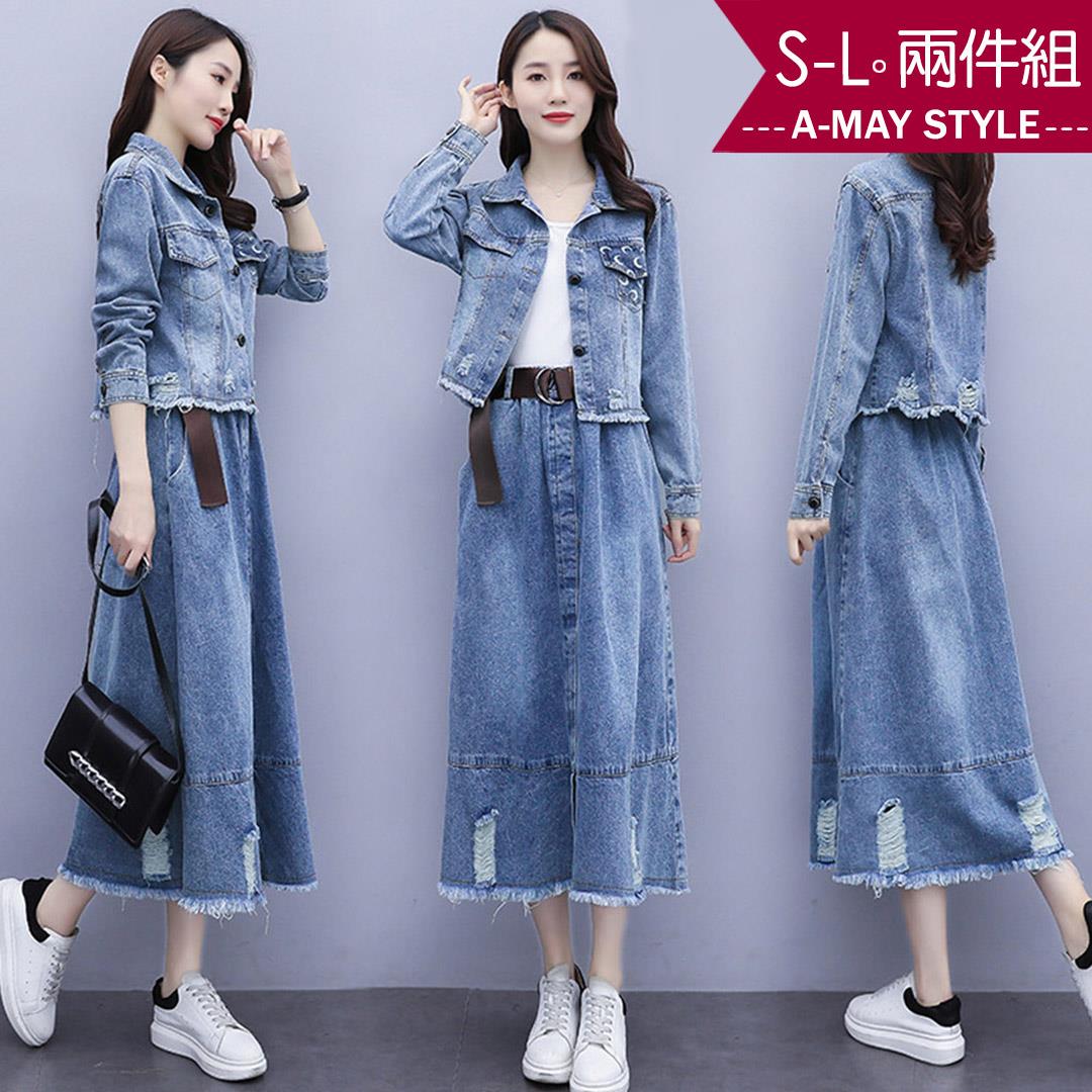 加大碼 丹寧 套裝 兩件式刷破拼接休閒牛仔裙套裝(S-L)【XFU73683】＊艾美時尚(現+預)