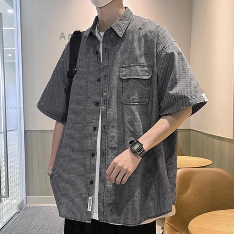 短襯 細格紋口袋寬版襯衫 日系 文青 寬版 寬鬆 休閒 街頭 格紋 簡約 微寬鬆 台灣出貨【NTJ3319】