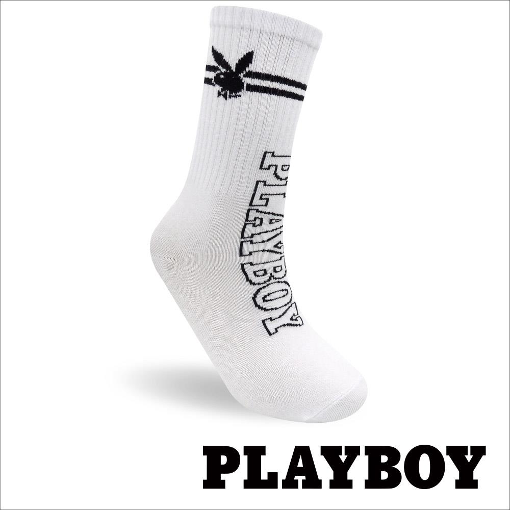 【襪款任選4雙$395 、9雙$750】 PLAYBOY 條紋青春男中筒休閒襪-白(BB3723)