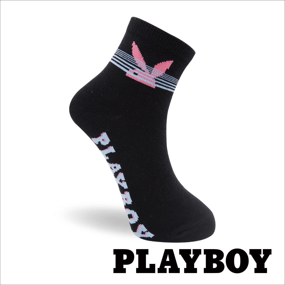 【襪款任選4雙$395 、9雙$750】PLAYBOY 線條兔頭女休閒襪-黑 (BY3123)