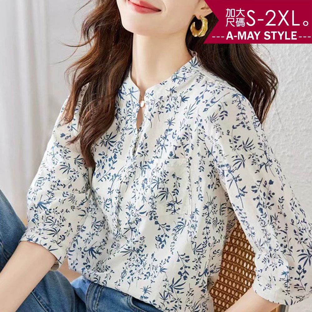 加大碼 襯衫 小立領碎花設計印花七分袖上衣(S-2XL)【XFC638041】＊艾美時尚(現 預)