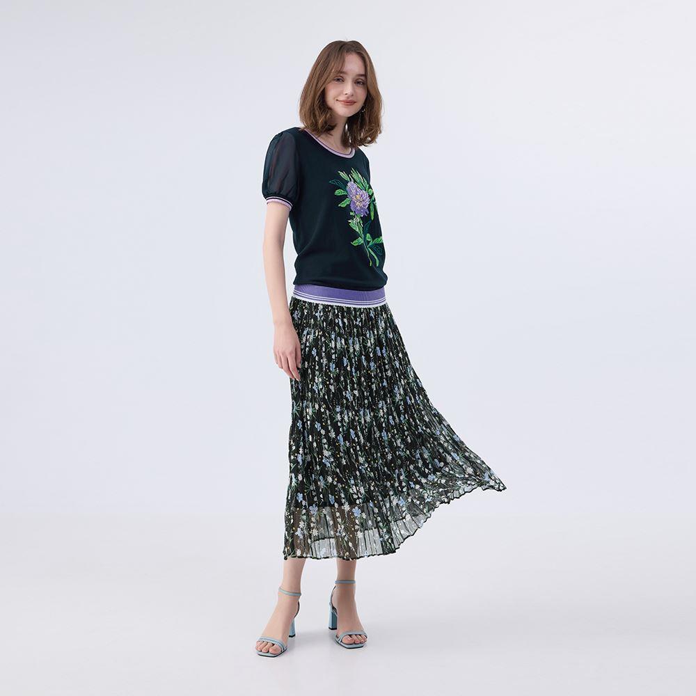 ILEY伊蕾 優雅碎花細百摺雪紡裙(黑色；M-XL)