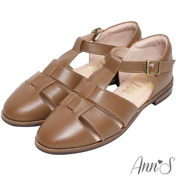 🍀面試鞋款最高79折🍀Ann’S寬肉腳友善-小羊皮真皮日系魚骨編織平底包鞋-棕