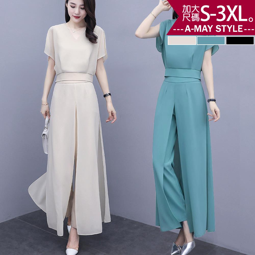 現貨-加大碼 套裝 時尚典雅兩件式顯瘦雪紡褲裙套裝(S-3XL)【XFC501583】＊艾美時尚