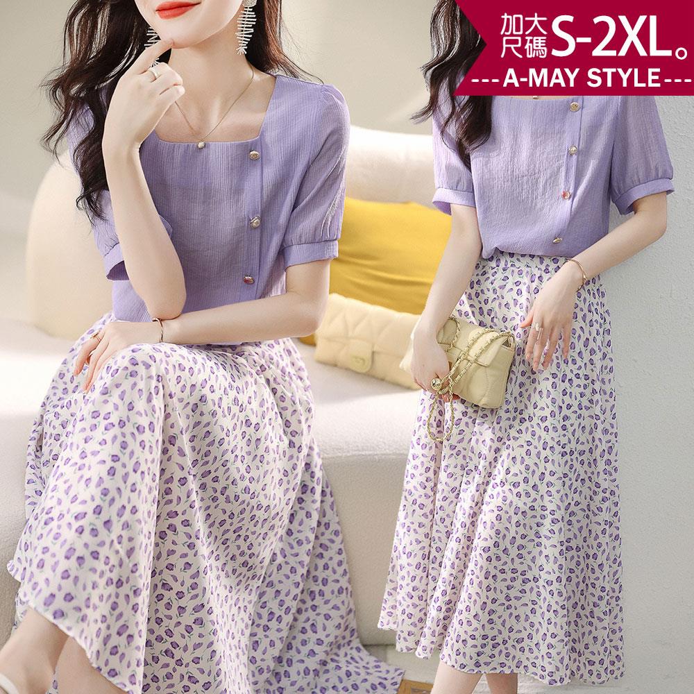 加大碼 套裝 兩件式優雅方領上衣碎花雪紡裙套裝(S-2XL)【XAL54287158】＊艾美時尚(現 預)