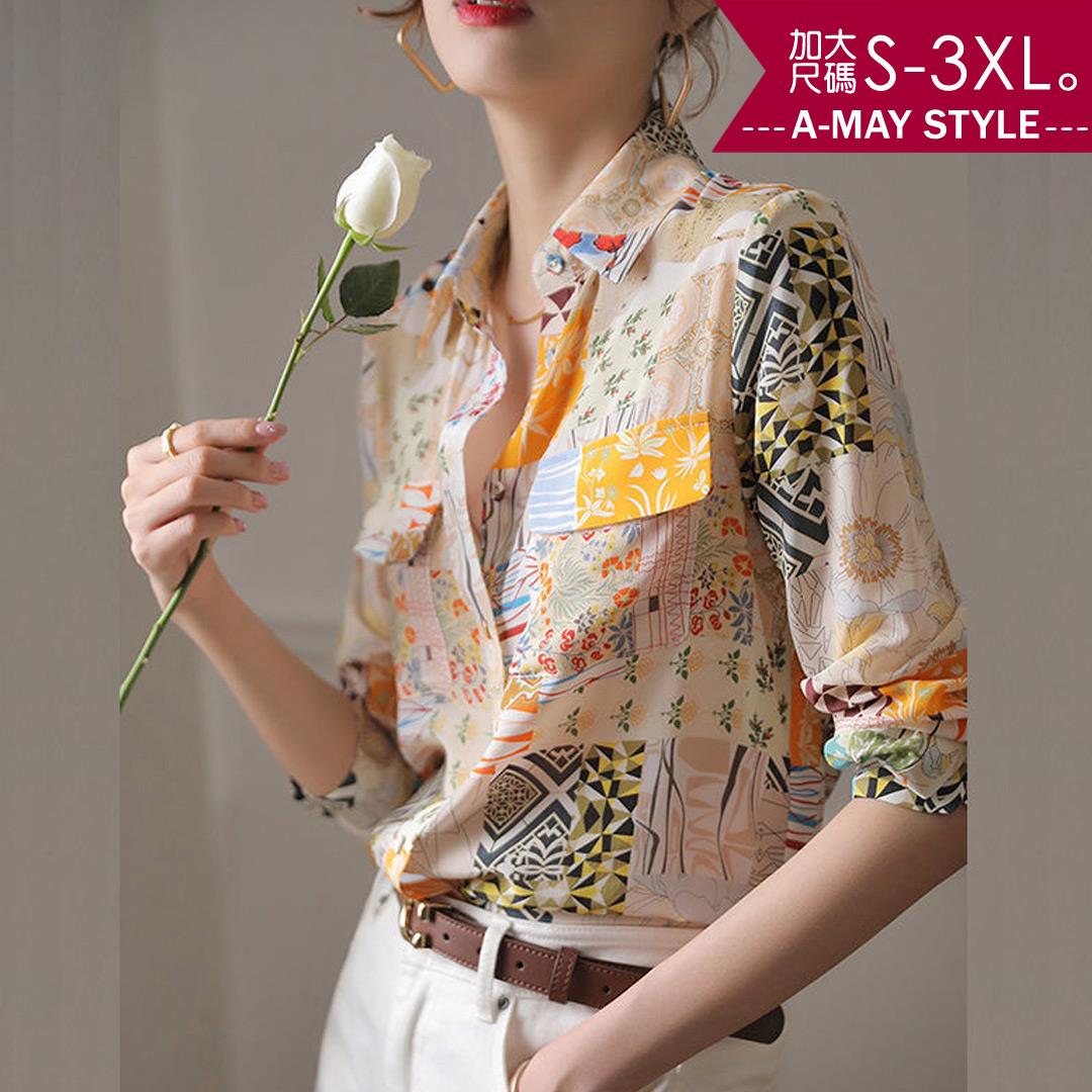 加大碼 上衣 復古文藝感仿真絲拼色印花長袖襯衫(S-3XL)【XAL1200439】＊艾美時尚(現 預)