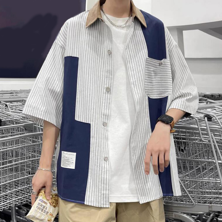 短襯 撞色拼接直條紋襯衫 襯衫 寬版 寬鬆 拼接 撞色 美式 美潮 潮流 街頭 台灣出貨【NTJ9899】