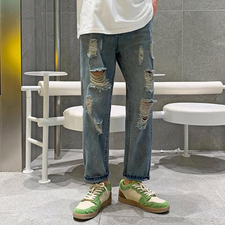 長褲 美式寬鬆街頭破壞牛仔褲 丹寧 牛仔 寬鬆 寬版 破壞 街頭 美式 抽鬚 美潮 台灣出貨【NTJ7789】