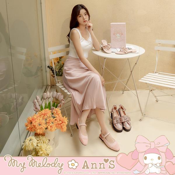 🤎付清節專區最高75折🤎Ann’S X Sanrio三麗鷗 美樂蒂聯名 刺繡毛呢撞色魔法版型平底瑪莉珍-粉
