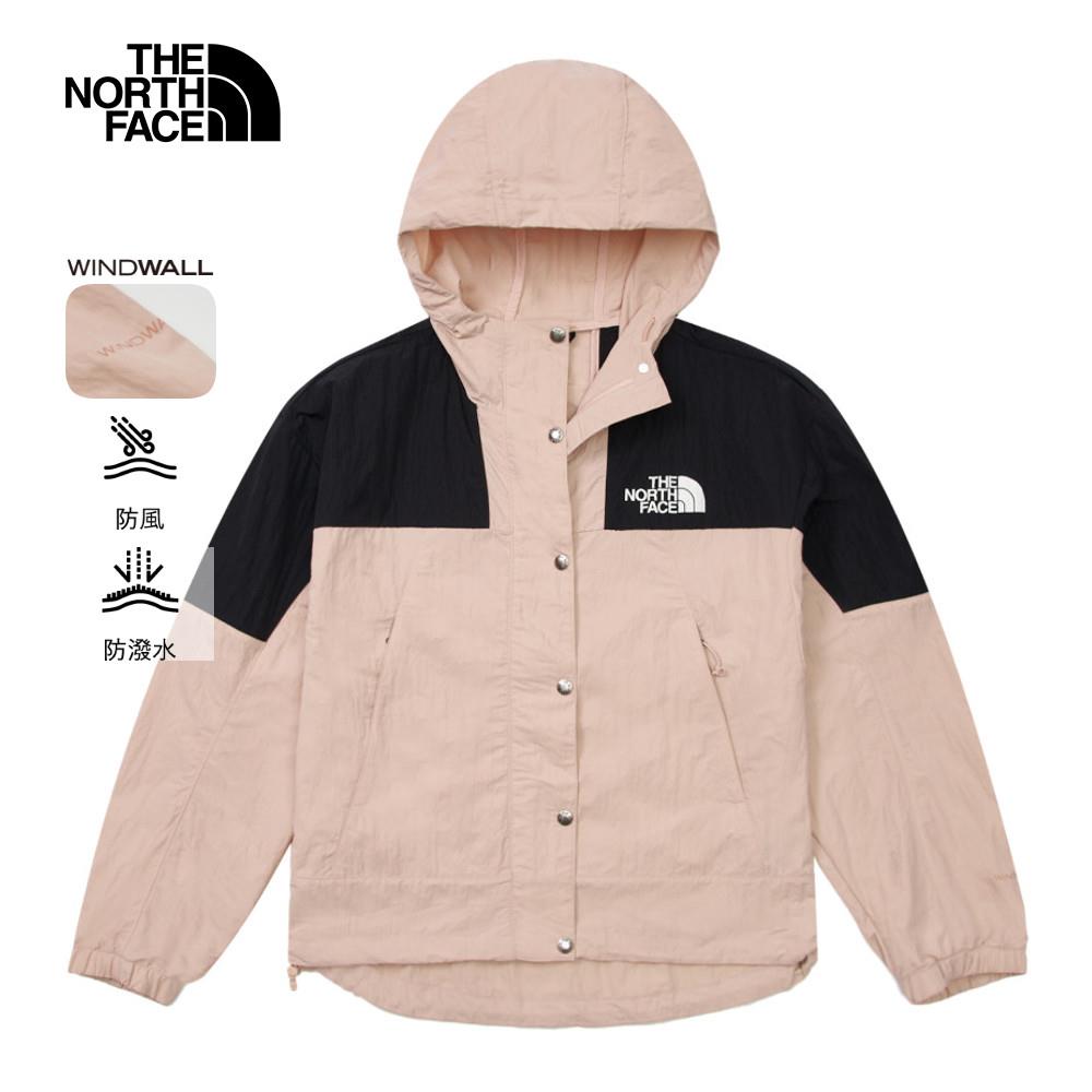 The North Face北面女款粉黑拚接防風防潑水下擺抽繩連帽外套｜81RXHZI