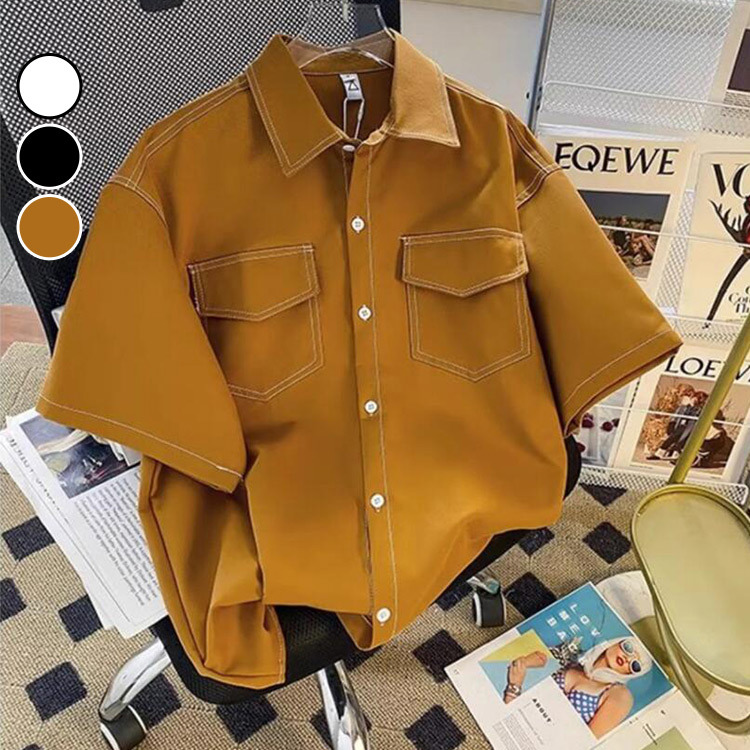 襯衫 撞色車線立體寬版短襯 剪裁 街頭 寬版 寬鬆 美潮 街頭 美式 歐美 短襯 台灣出貨【NTJ998】