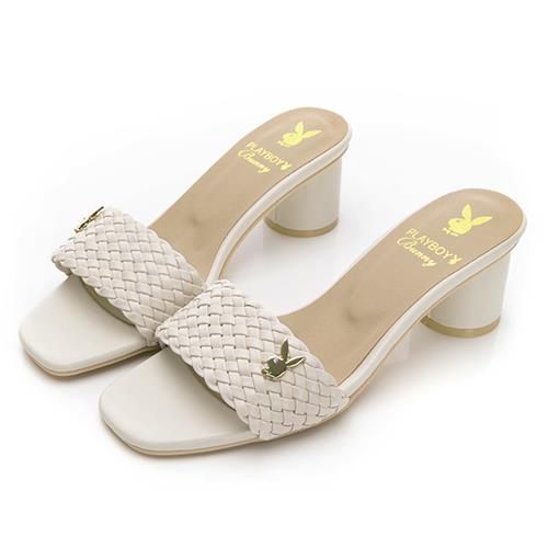 ⚡初夏時光 第2雙再享88折｜PLAYBOY 優雅氣息 夏日編織粗跟涼拖鞋-杏(PY0070)