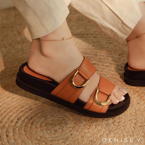 💎正價涼鞋買就送防水鞋袋💎ANNSTAR DENISE聯名-金屬D扣兩條粗帶真皮厚底時尚二舅涼拖鞋3cm-棕