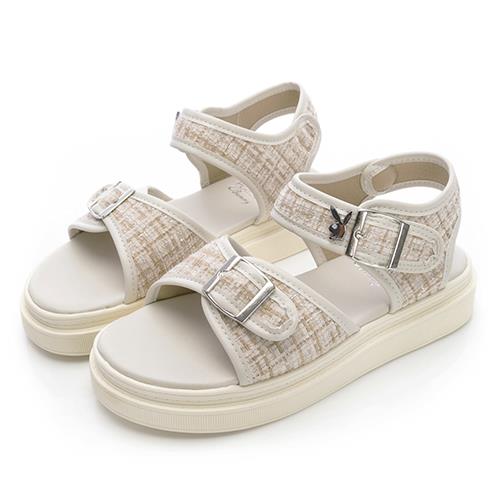 ⚡夏季應援 BIG SALE｜PLAYBOY 優雅知性 毛呢寬帶厚底涼鞋-白(PY0069)