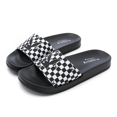 ⚡夏季應援 BIG SALE｜PLAYBOY 賽車格 Q軟輕量休閒拖鞋-黑白(PYT001)