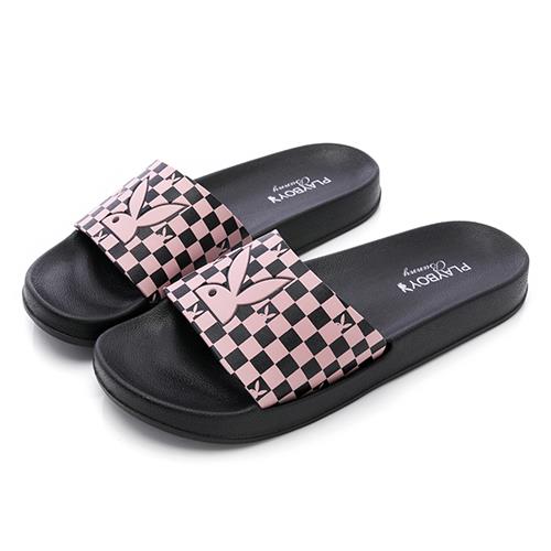 ⚡線上夏特賣 ON SALE｜PLAYBOY 賽車格 Q軟輕量休閒拖鞋-黑粉(PYT001)