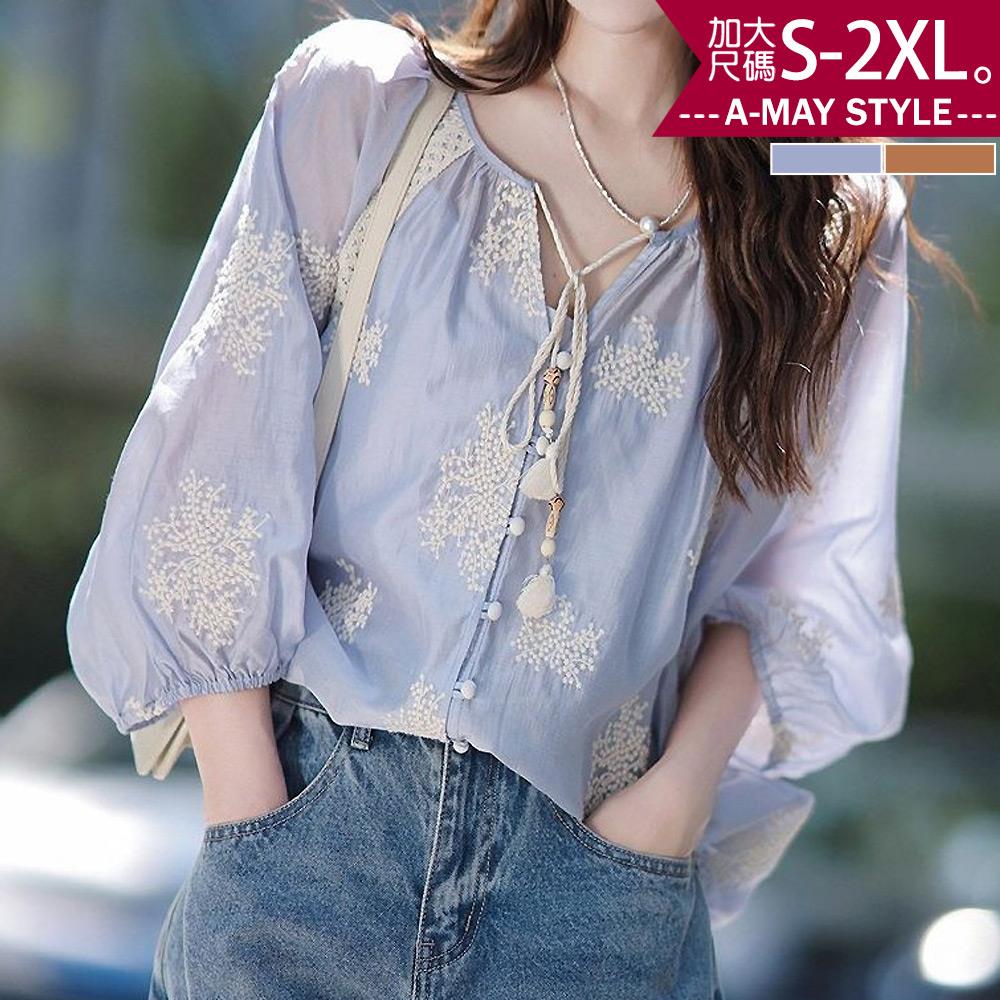 加大碼  上衣 日系刺繡流蘇繫帶寬鬆雪紡衫(S-2XL)【XFCB0853】＊艾美時尚(現 預)