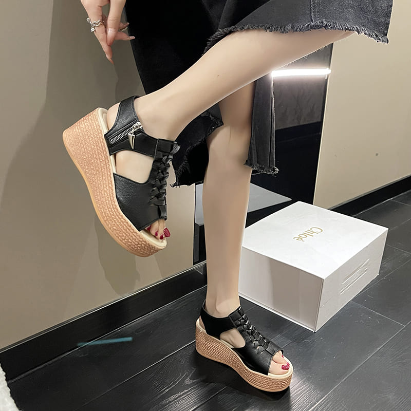 【35-43全尺碼】日系皮革編織簍空側拉鏈楔型涼鞋．白鳥麗子_6