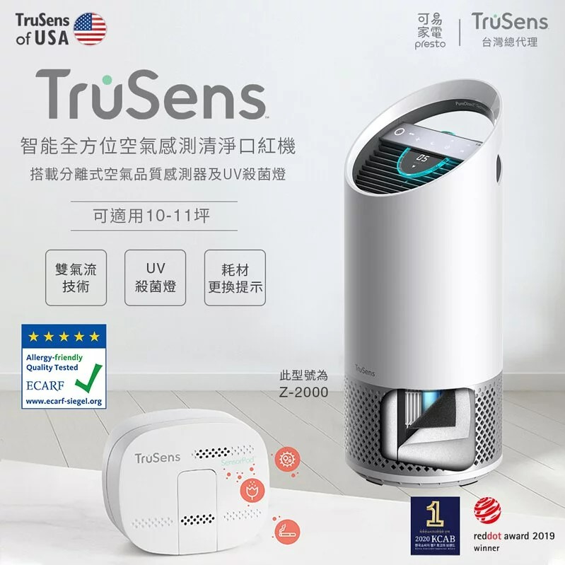 【可易家電】美國 Trusens「口紅機」Z2000 雙氣流UV殺菌空氣清淨機【搭載分離式空氣品質感測器】適用10-11坪空間 [HM01]_1