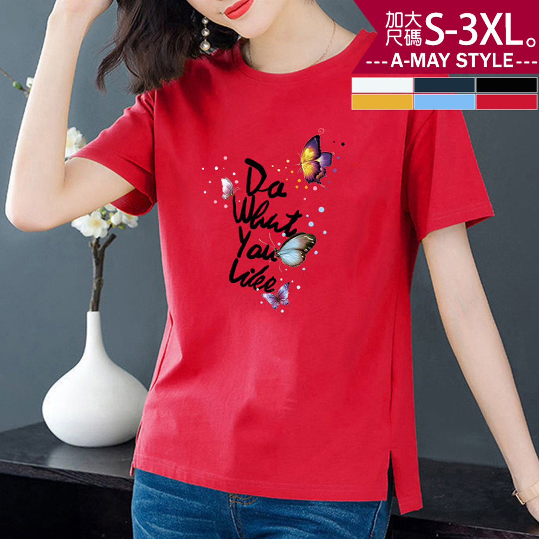 加大碼上衣 簡約字母蝴蝶印花短袖開岔純棉T恤(S-3XL)【XLL21S13】＊艾美時尚(現+預)_2