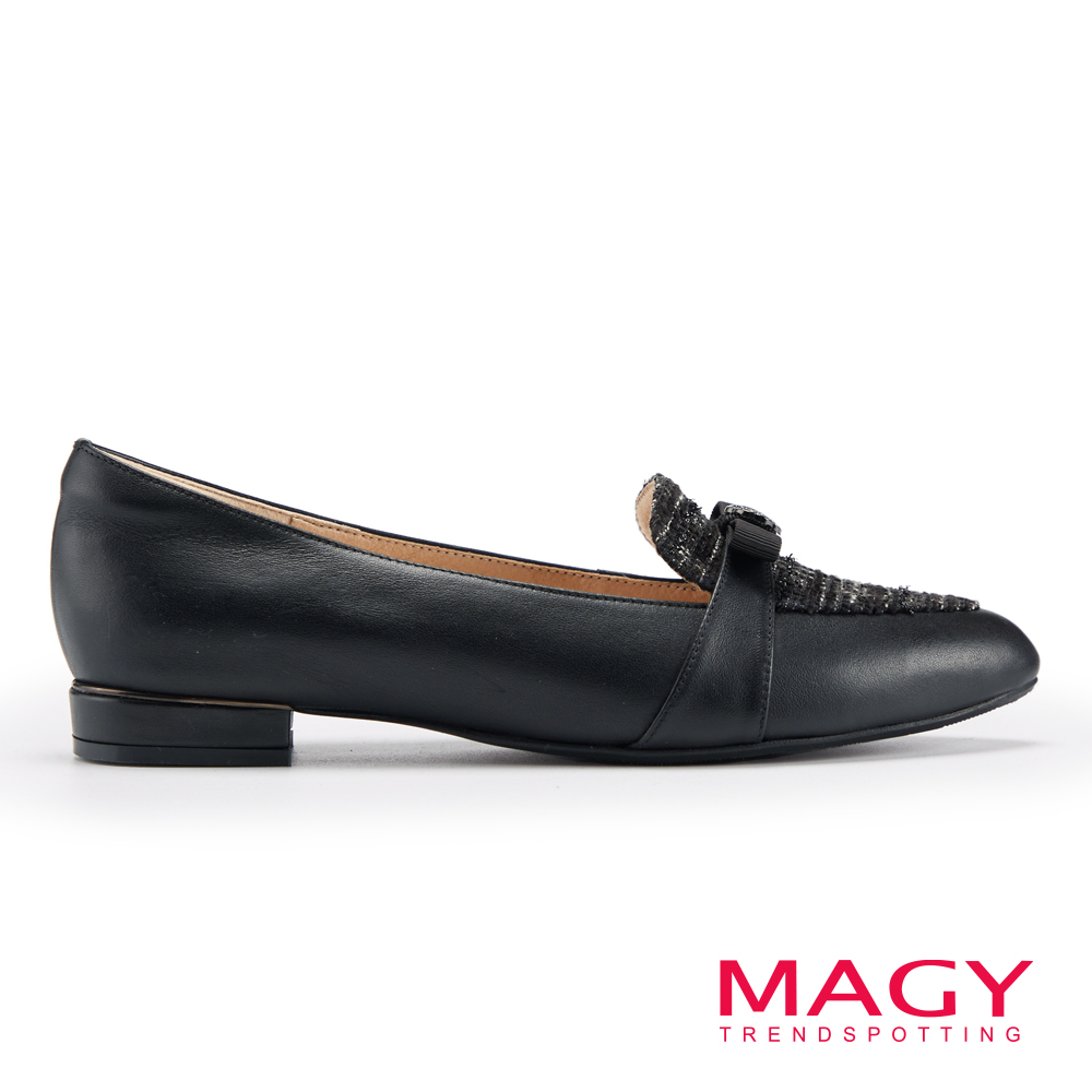 MAGY 復古毛呢拼接牛皮尖頭樂福平底鞋 黑色 #15270