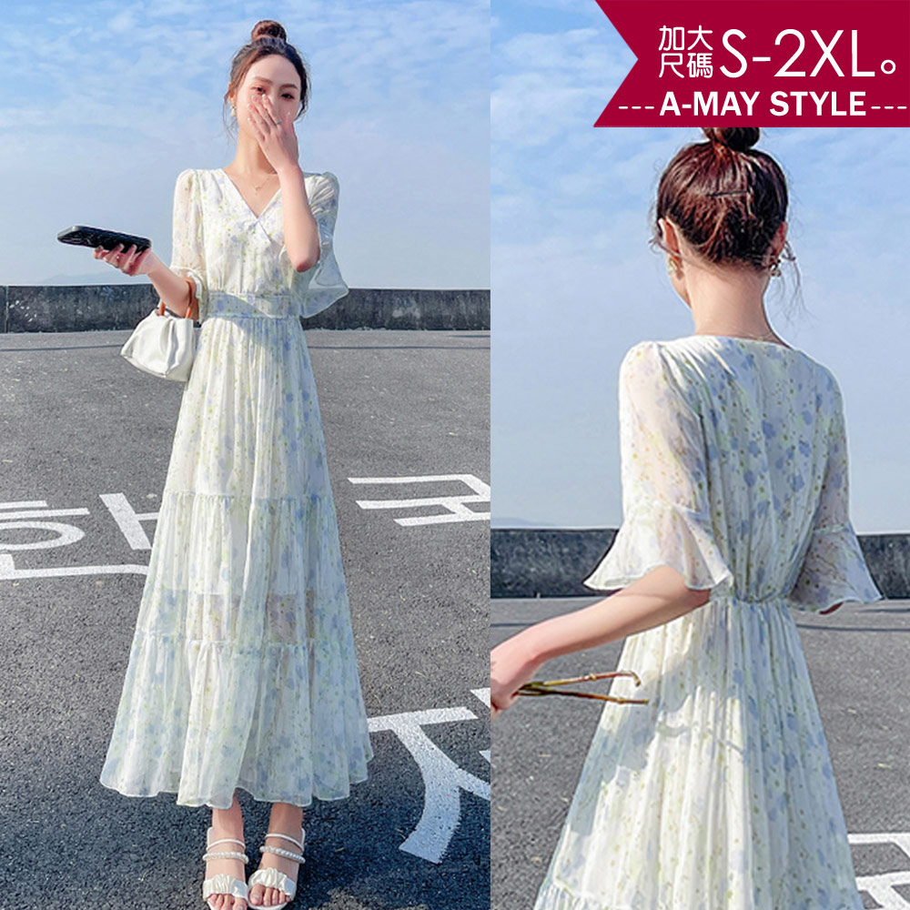 加大碼連身裙 法式溫柔V領碎花顯瘦雪紡洋裝(S-2XL)【XFU250355】＊艾美時尚(現+預)_0