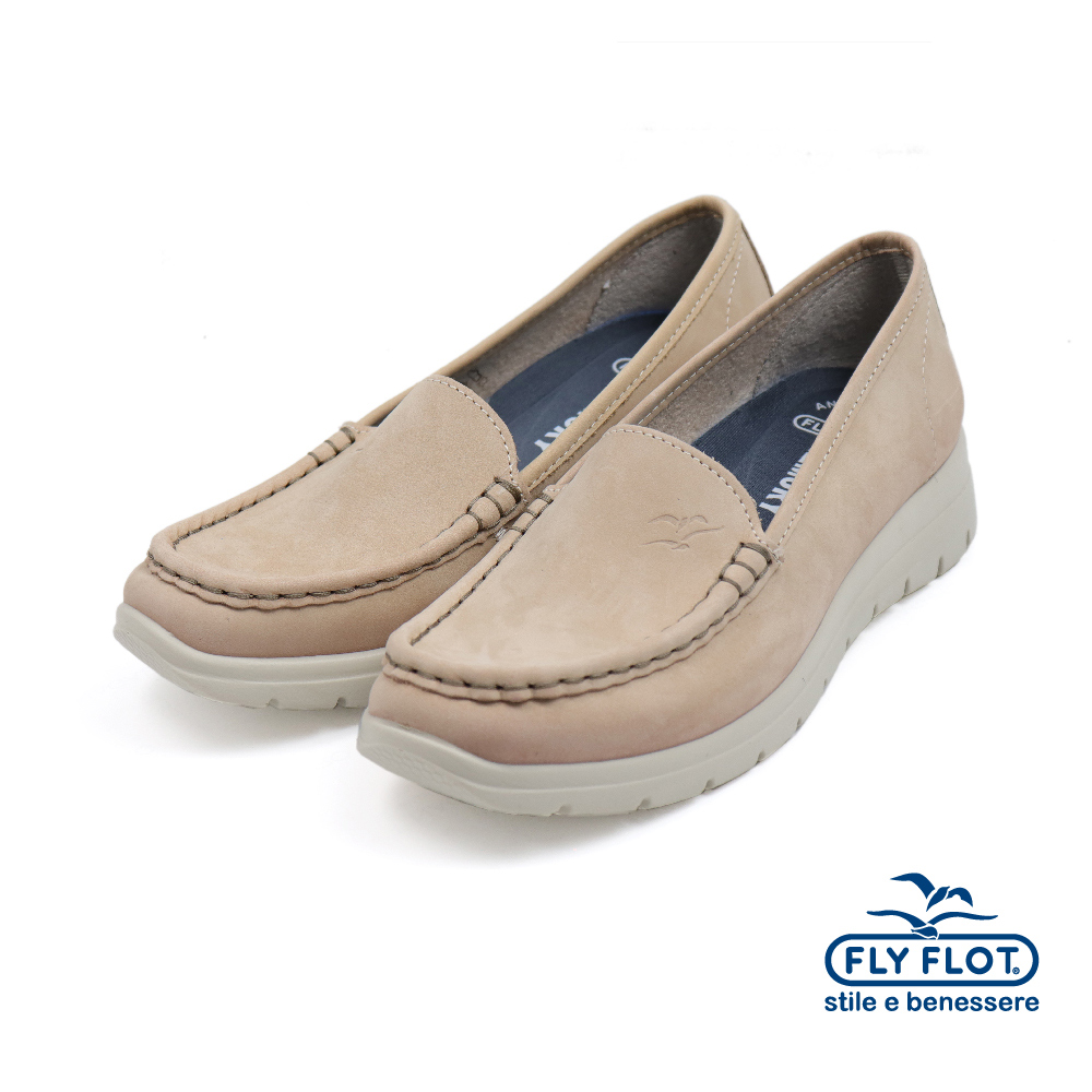 【FLYFLOT】義大利原廠麂皮素面軟墊懶人休閒鞋 米色(27J36-BE)